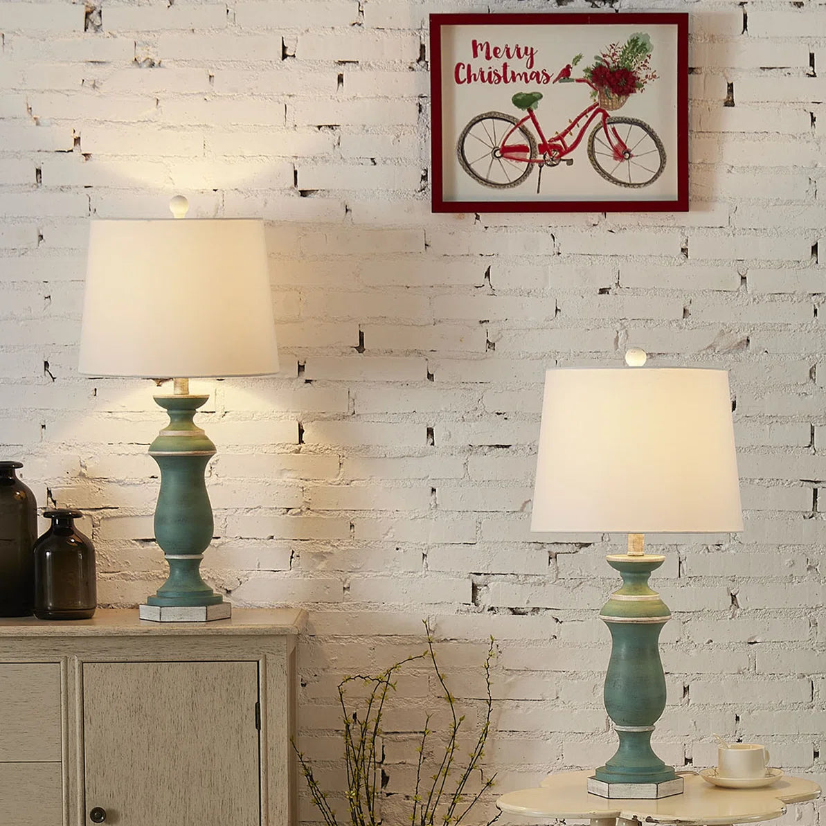 27-Inch Traditional Resin Table Lamp with 3-Way Dimming, Green, Set of 2
