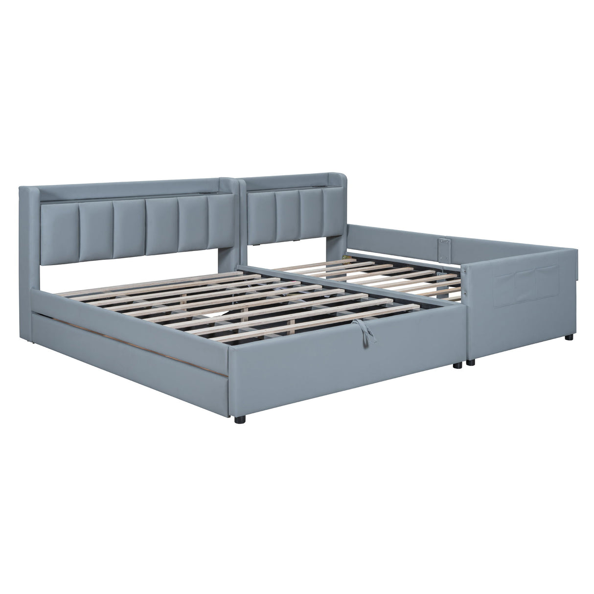 Upholstered Mother & Child Bed With Hydraulic Storage System, Drawer Box, Bedhead Storage Shelf And 2 Pairs Of Sockets & USB Ports