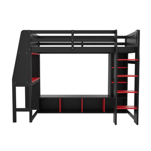 Gaming Loft Bed With Desk, Multi Storage Shelves, LED Lighting, And Hanging Clothes Rack