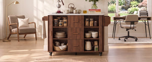 K&K 53.5" Kitchen Island with Sliding Doors, Drop Leaf, Power Outlet, Walnut Brown