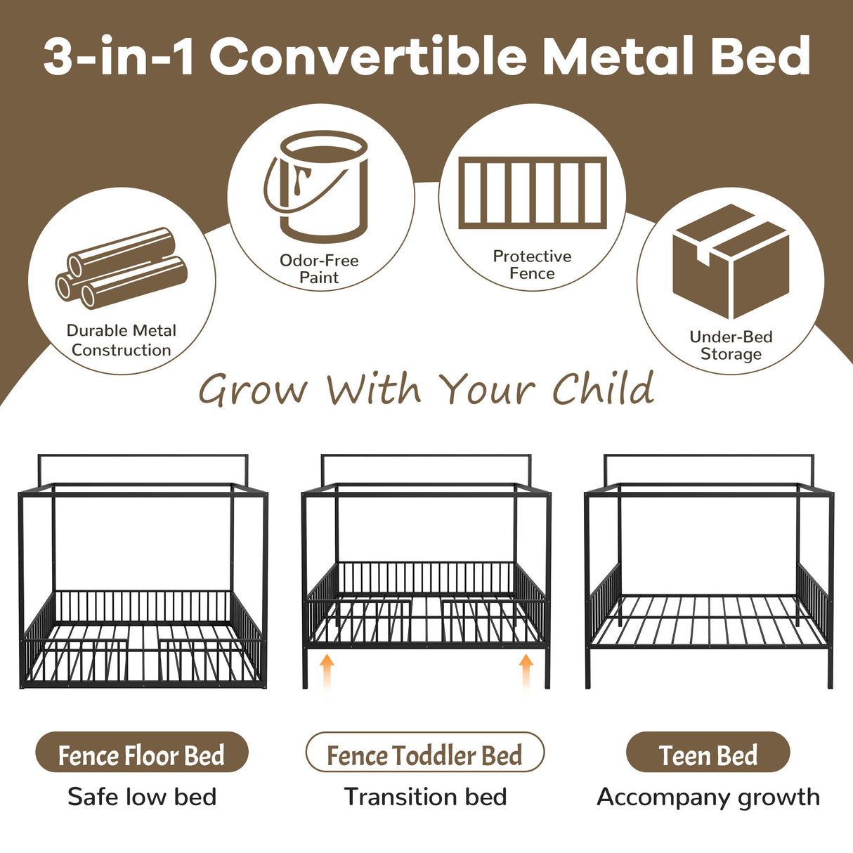 3 In 1 Convertible Montessori Floor Bed With Fenced Support