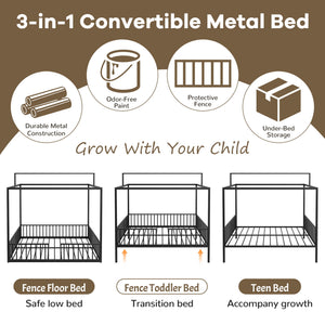 3 In 1 Convertible Montessori Floor Bed With Fenced Support