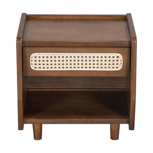 Walnut Nightstand with Rattan Detail, MDF + Solid Wood