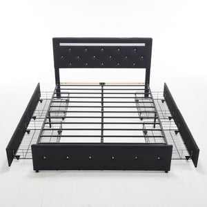 Upholstered Bed Frame With LED Lights, 4 Storage Drawers, Charging Station