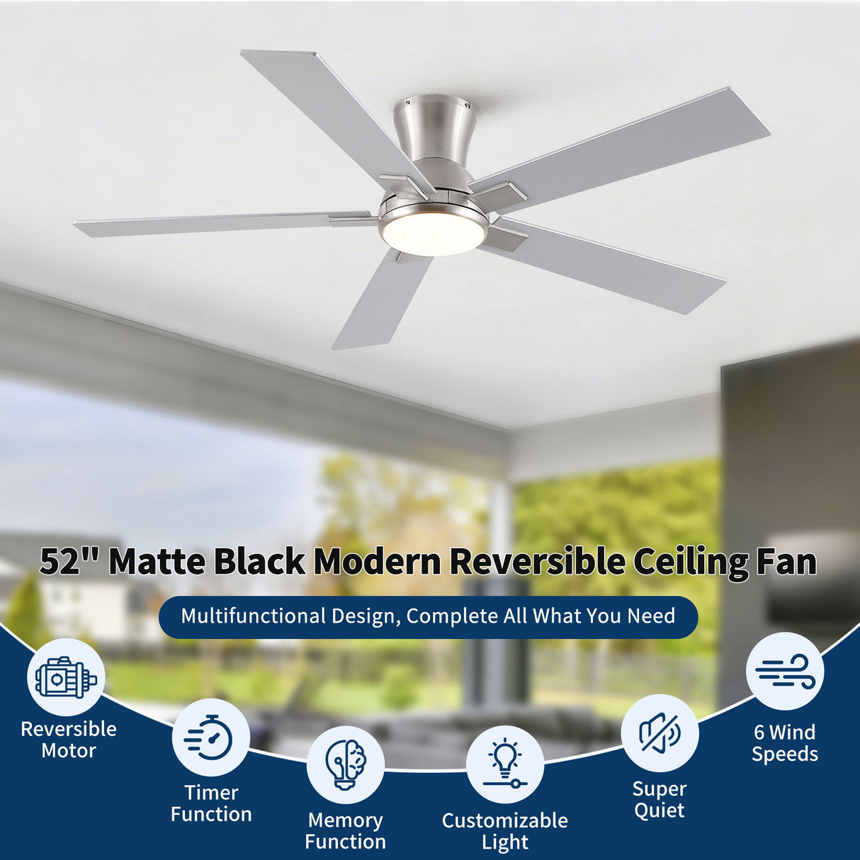 Low Profile Flush Mount Intergrated LED Ceiling Fan With Light And Reversible Quiet Motor