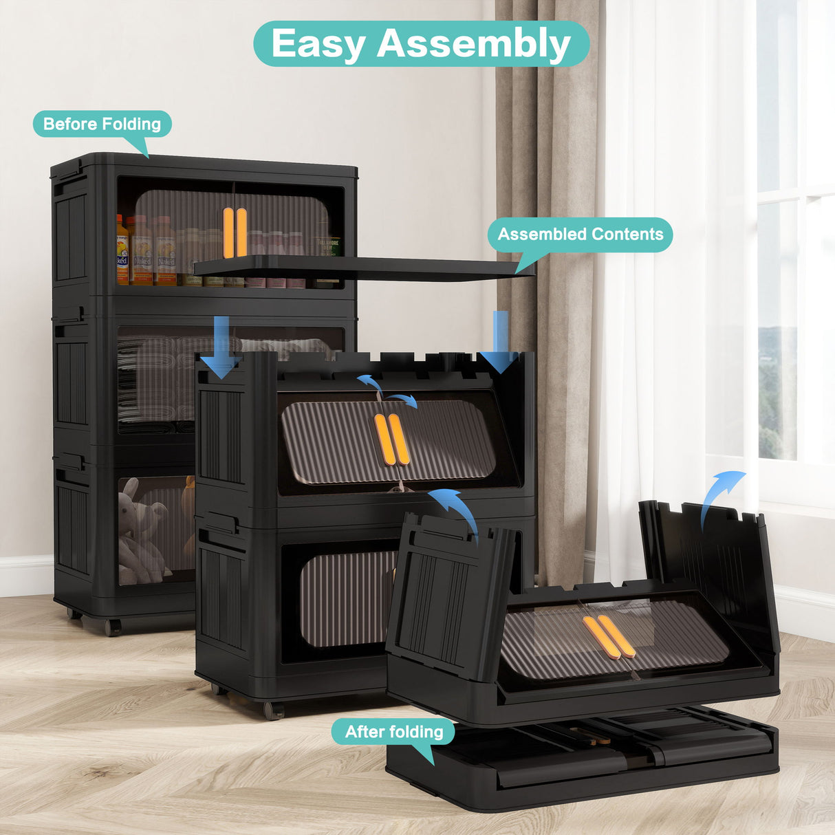 Folding Storage Cabinet With Magnetic Doors And Wheels
