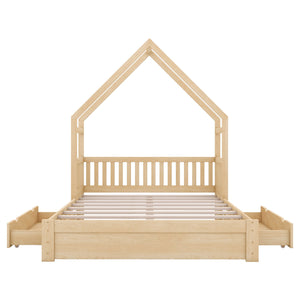 House Style Platform Bed With Guardrail And 2 Drawers