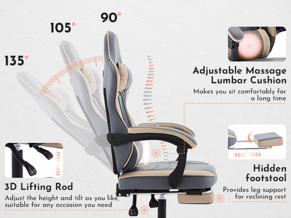Gaming Chair with Footrest and Massage Lumbar Support