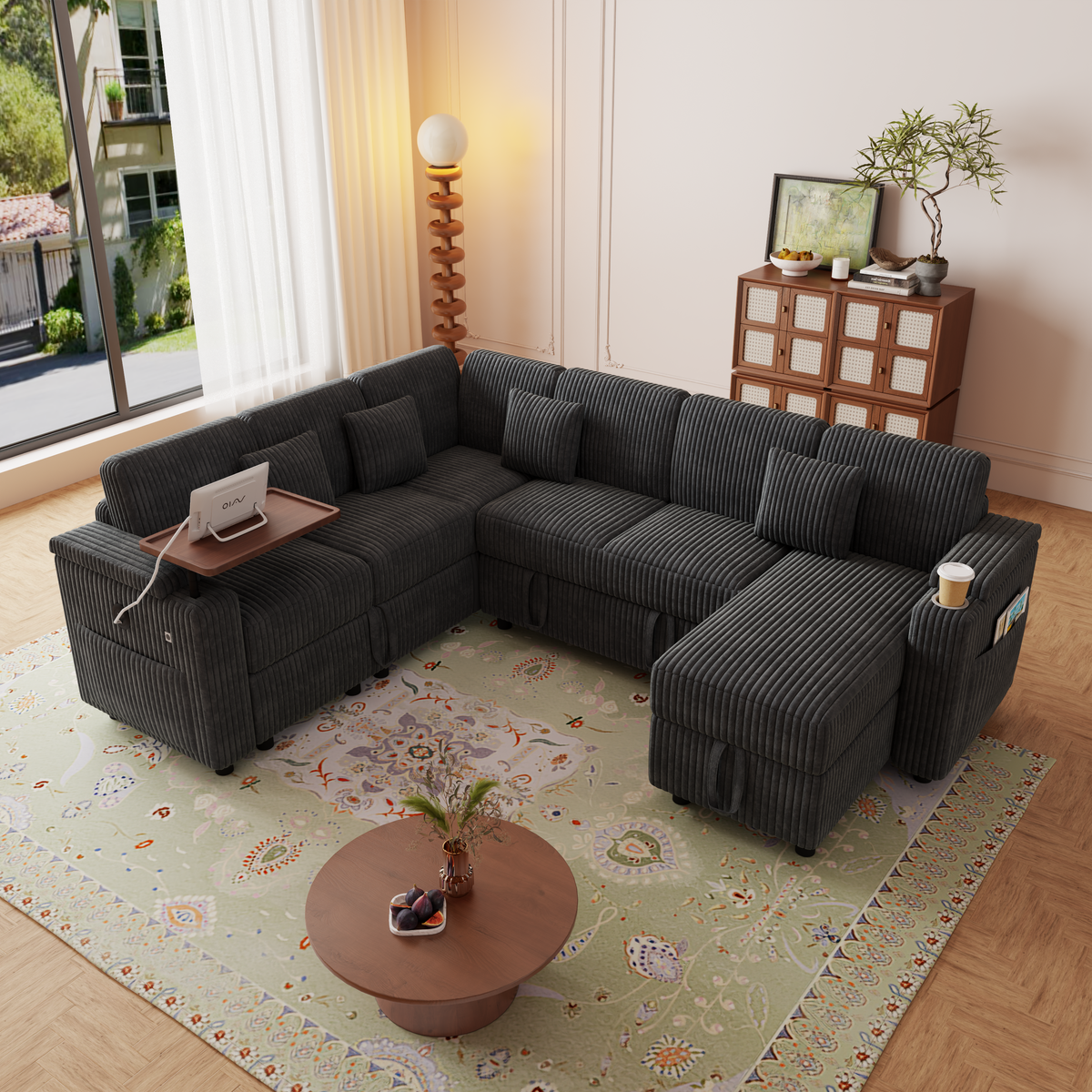 100-Inch Pull-Out Sofa with USB Ports and Cup Holder