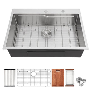 33 x 22 inches Brushed Nickel 33' Drop in Kitchen Sink with Ledge Workstation, Single Bowl, 16 Gauge Stainless Steel