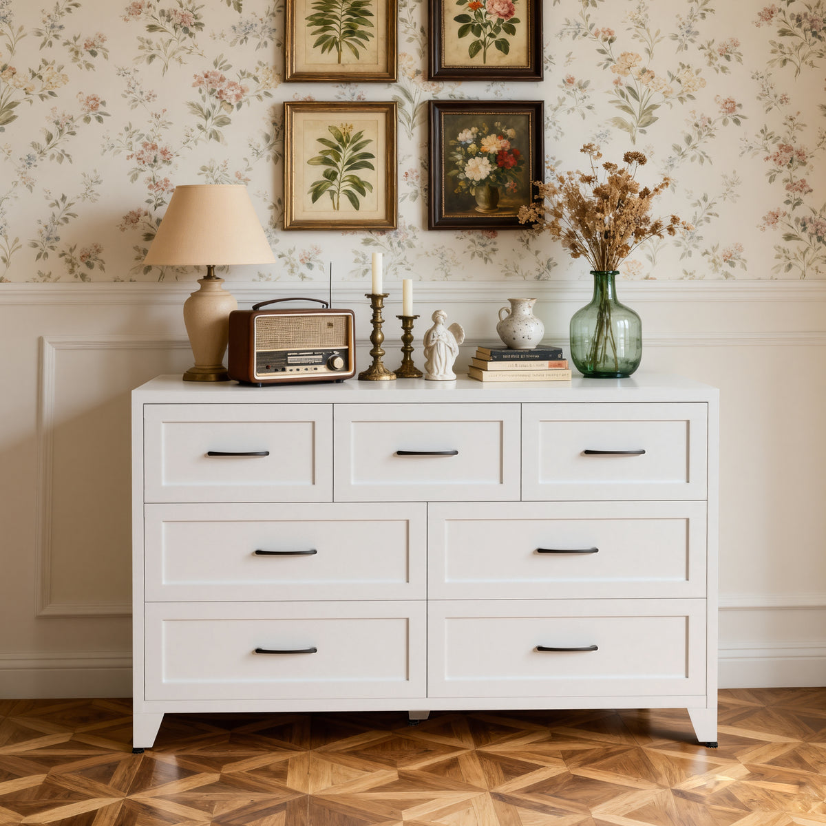 7-Drawer Dresser, Wide Low-Profile Storage Cabinet with Steel Construction
