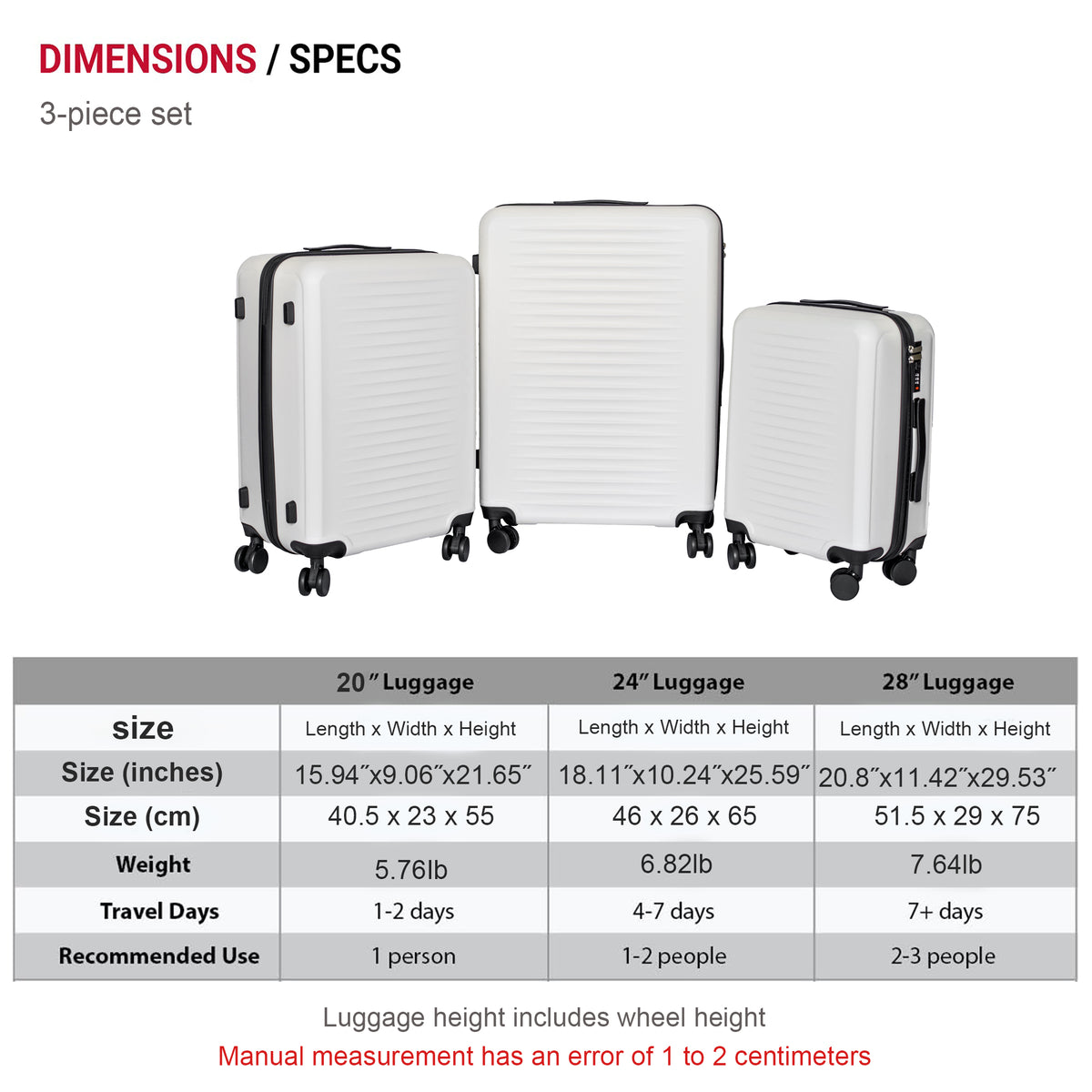 3 Piece Hard Shell Lightweight Carry On Suitcase Set