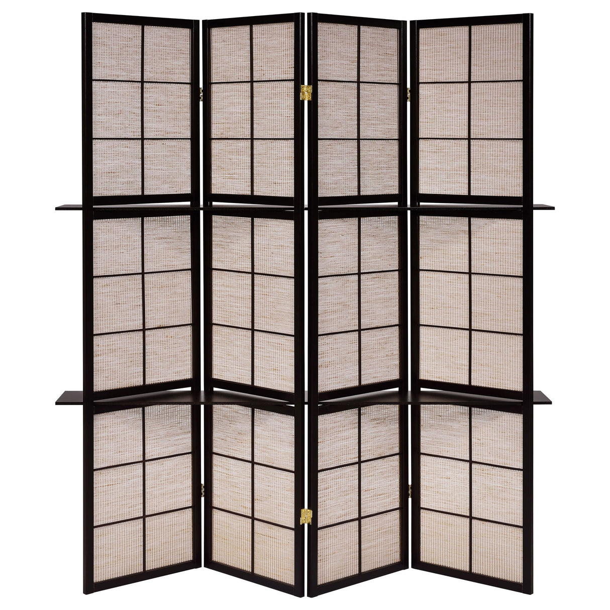 4 Panel Folding Screen With Shelves - Brown