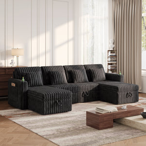 U Shaped Plush Corduroy Fluffy Sectional Sleeper Sofa