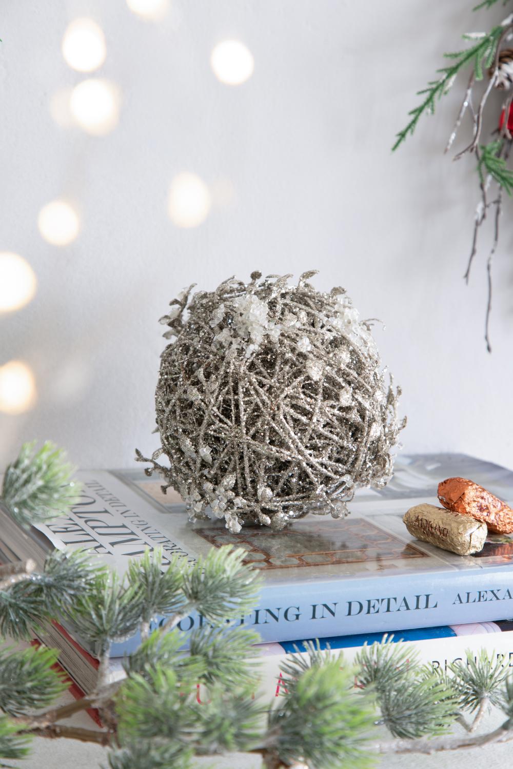 Iced Leaf/Twig Ball Christmas Tree Ornaments - Set of 4