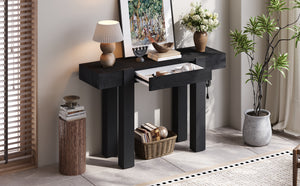 TREXM Rustic Minimalist Console Table with Hidden Drawer, Side Power Outlet