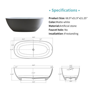 69" Freestanding Bathtub Resin Stone Soaking Tub