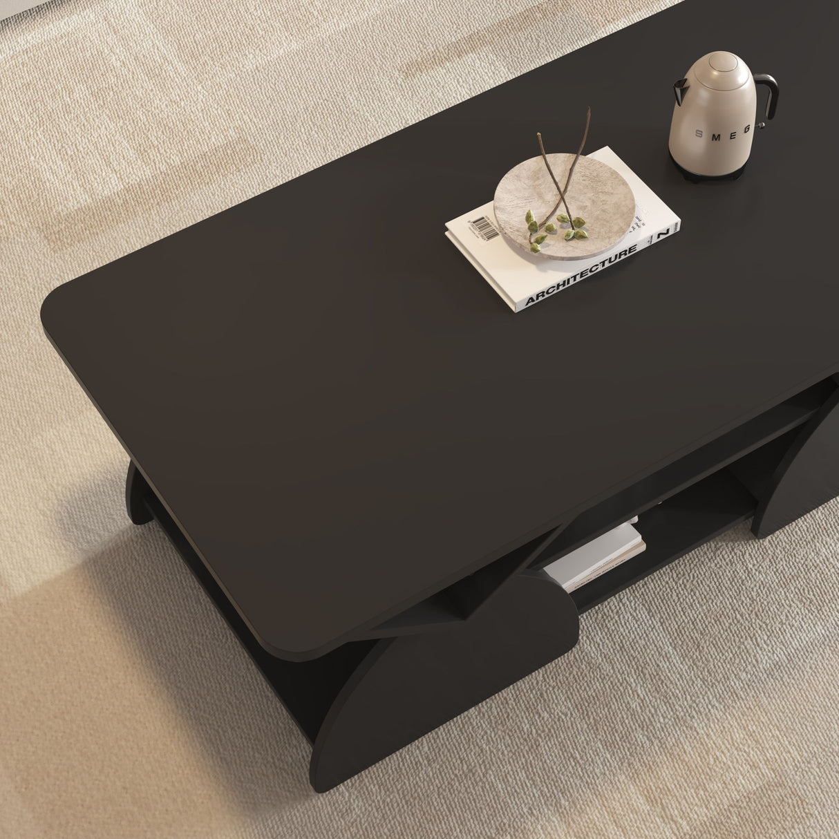 Geometric Engineered Coffee Table With Rounded Corners With Open Shelves