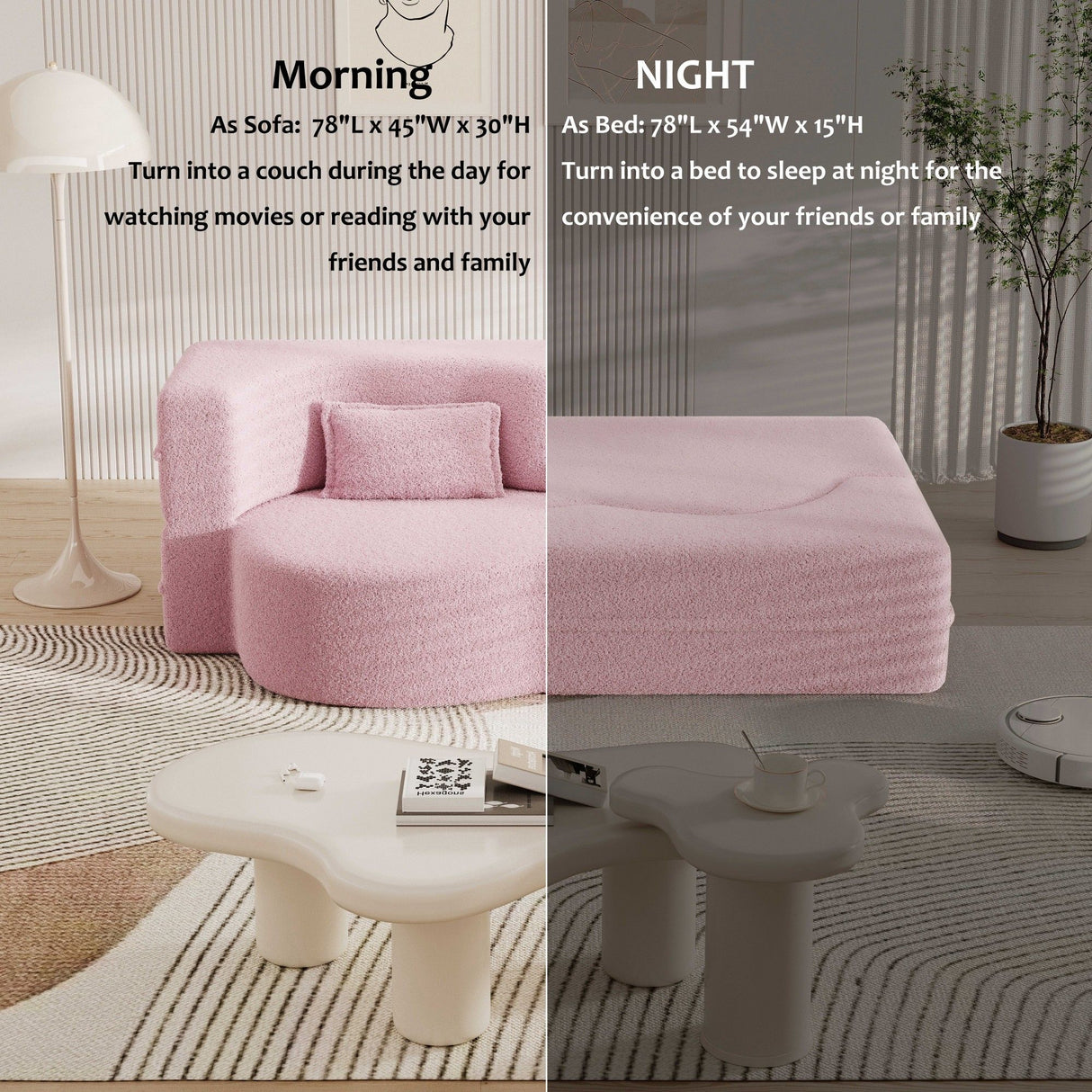 Modern Floor Sofa, With 2 Pillows, Convertible Teddy Fabric Foam Filled Bed