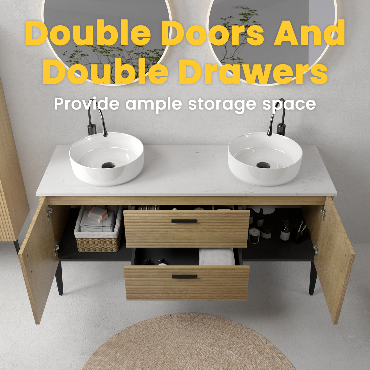 Emilia 60-Inch Bathroom Vanity, Natural Oak with Ceramic Sink