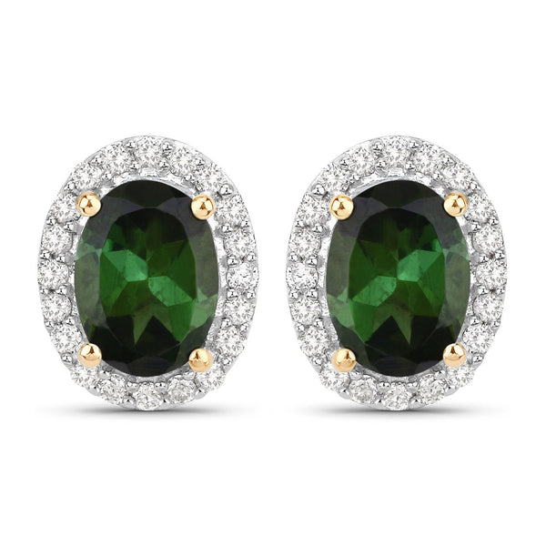 1.92 Carat Genuine Green Tourmaline and White Diamond 14K Yellow Gold Earrings