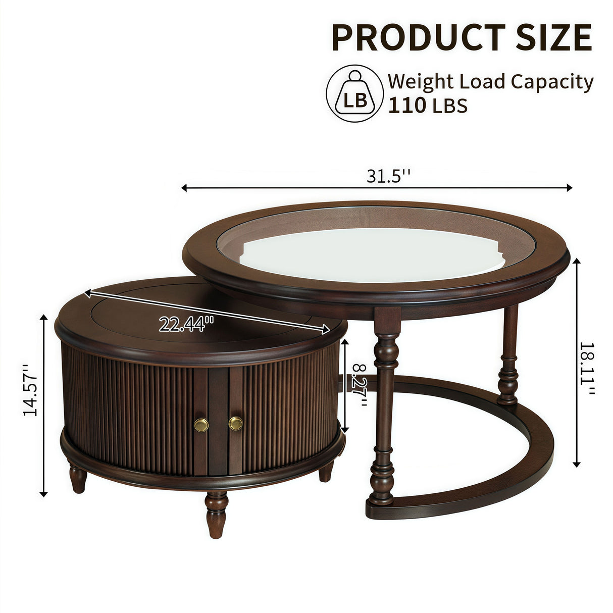 Modern Nesting Coffee Table Set with Glass and Solid Wood Frame