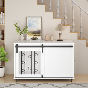 Dog Crate With Sliding Barn Door And Side Access, Lockable Wheels For Small To Medium Dogs - White