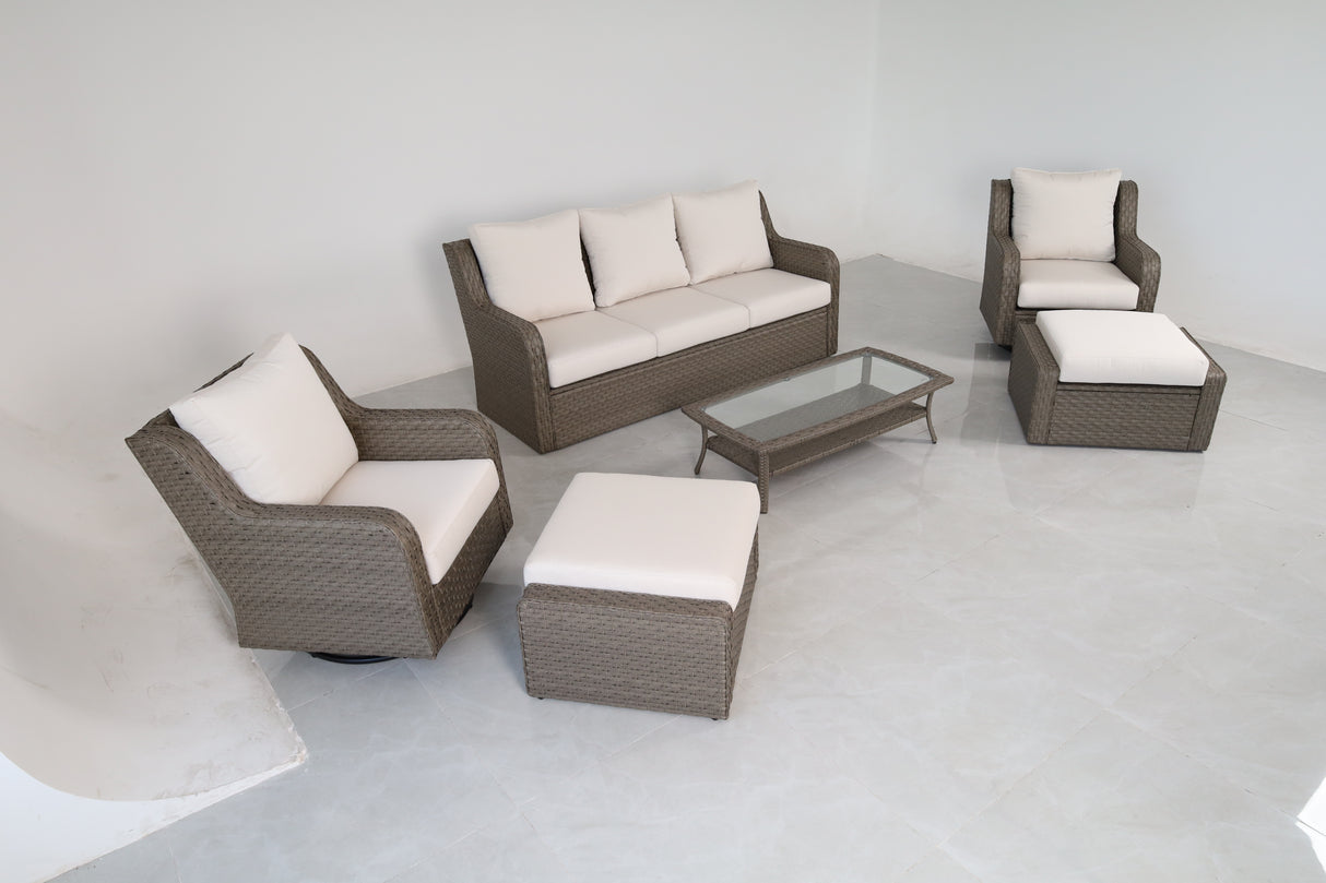 Luxury Rattan Patio Conversation Set – Includes 2 Swivel Chairs, Sofa, Coffee Table, And 2 Ottomans With Premium