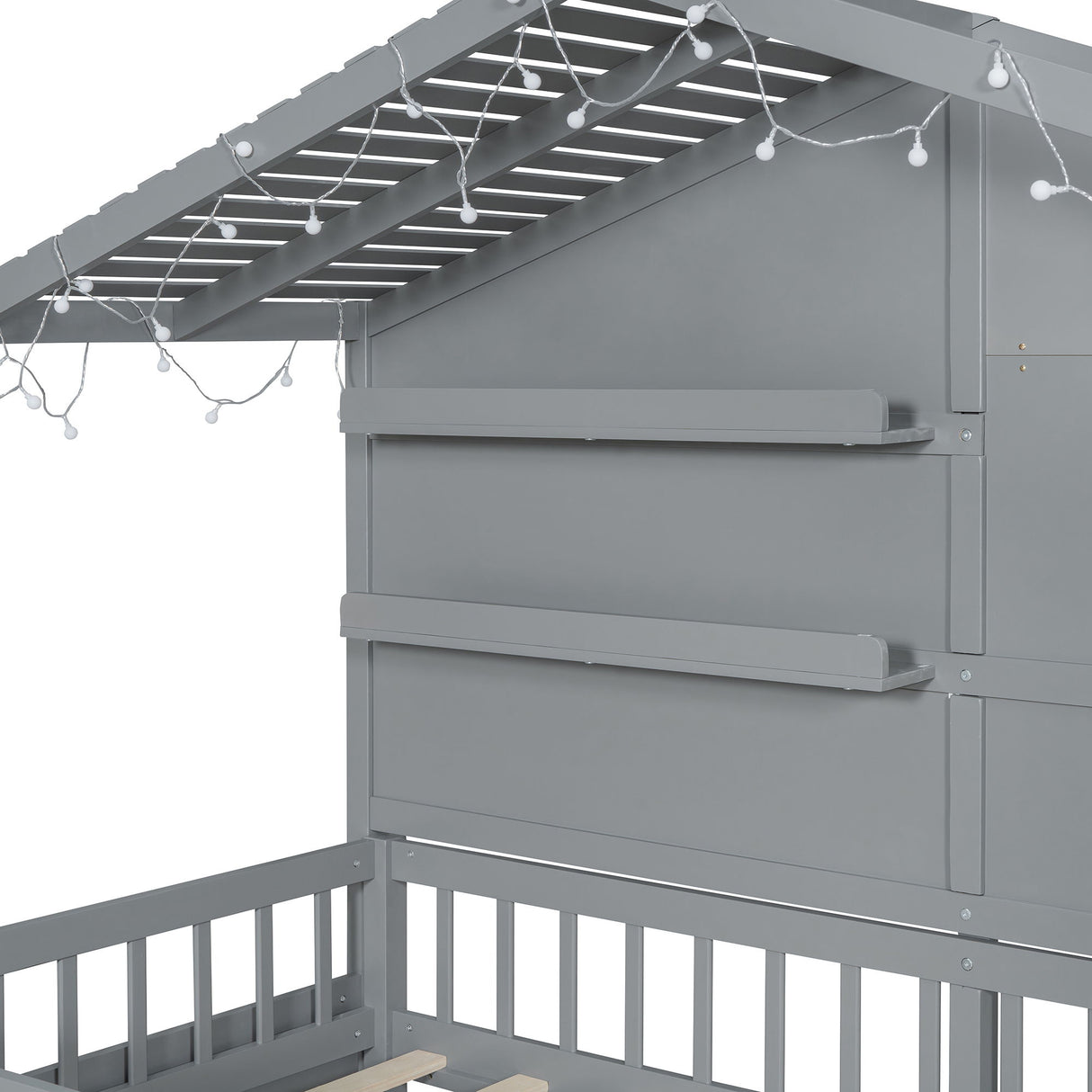 House Bed With Shelves, Window And Sparkling Light Strip On The Roof