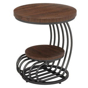 Round Vintage End Table With 2 Tier Storage