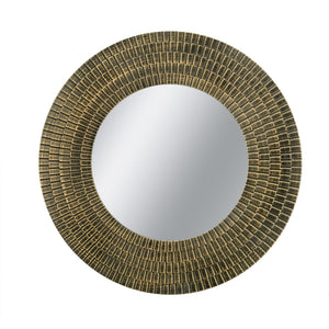 29.5" Round Gold and Black Wooden Accent Mirror with Woven Texture