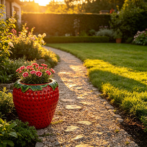 15'' tall Strawberry Shaped Planter Pot, Cute Fruit Decorative Flower Vase, Weather Resistant Outdoor Garden Planter for Patio Porch Yard Lawn Entryway Home Tabletop Decor