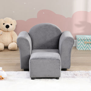 Kids Velvet Upholstered Chair With Ottoman For Comfortable Seating - Gray