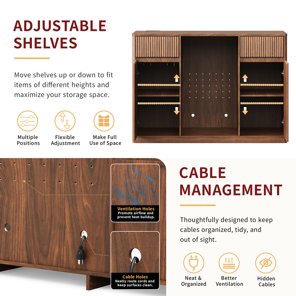 53.2" Fluted Buffet Wine Cabinet with Mini Fridge Nook