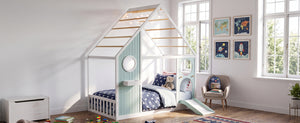 Twin House Bed with Slide, Ball Light Strip, Wooden Playhouse Design