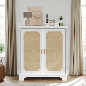Rattan Decorated Sideboard Buffet Storage Liquor Cabinet - White