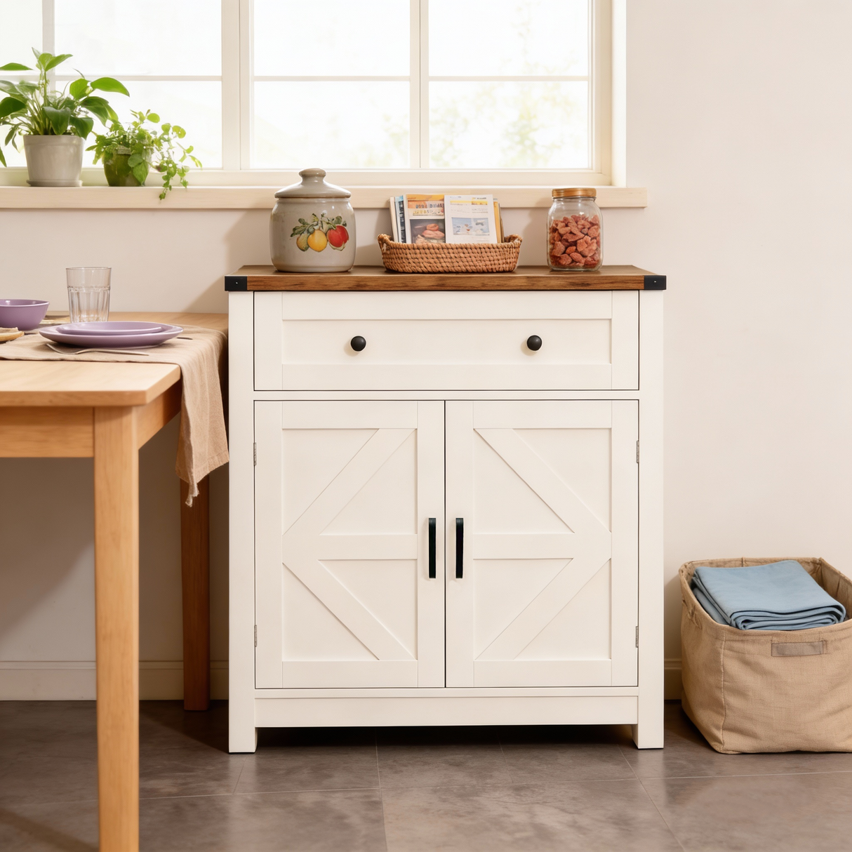 White & Wood-Grain Top Farmhouse Barn-Door Storage Cabinet