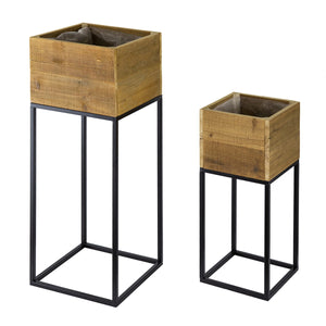 Reclaimed Wooden Planter Box Set with Metal Frame – Brown