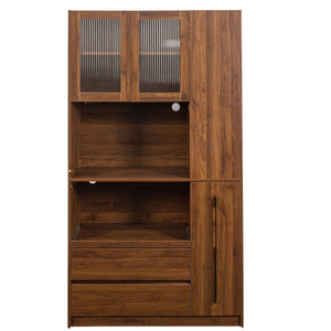 Tall Kitchen Pantry Cabinet With 4 Tier Side Shelf, 2 Drawers, Freestanding Food Hutch With Microwave Stand For Dining Room - Walnut