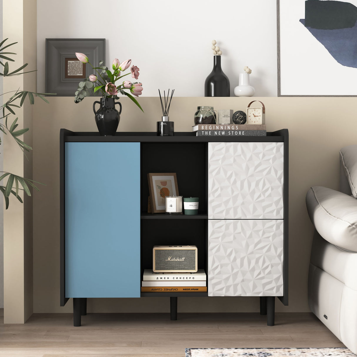 Modern Sideboard Buffet Cabinet With Doors And Unique Panel Styling