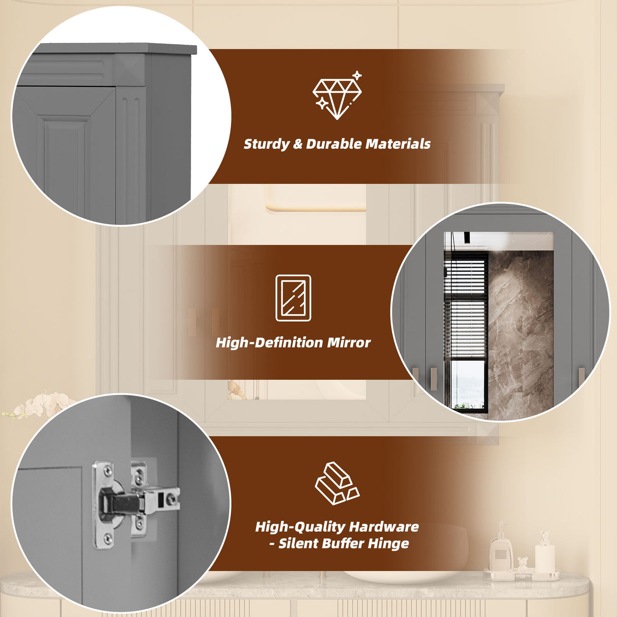Wall Mounted Bathroom Cabinet With Mirror And 4 Shelves, Rectangular Design - Gray
