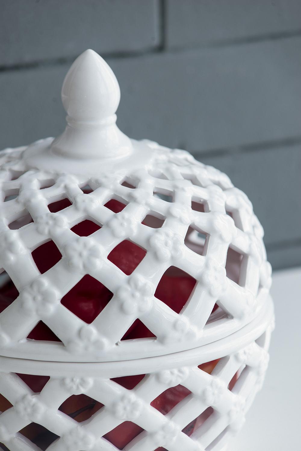 Decorative White Glazed Ceramic Jar with Lattice Design