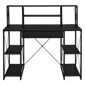 Black Office Desk with Open Shelves and Hutch - Black