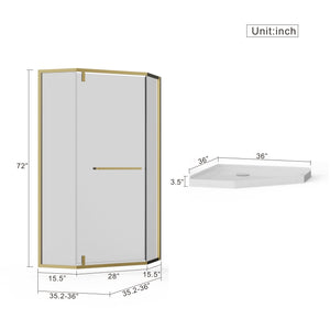 Goodyo - Neo-Angle Frameless Shower Door Corner Enclosure With Acrylic Shower Base Combo, Pivot Shower Door