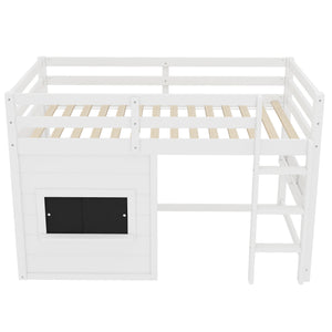 Twin Size Loft Bed With Sliding Chalkboard & Bookshelf