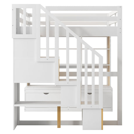 Full Size Loft Bed With Desk And Shelves, 2 Built In Drawers, Storage Staircase - Natural / White