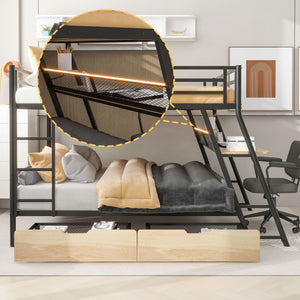 Full Size Bunk Bed With Built In Desk, Light, And 2 Drawers - Black