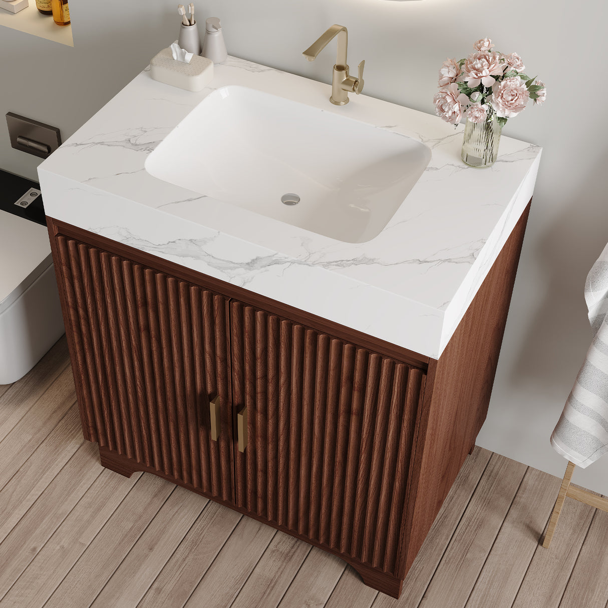 30" Freestanding Sintered Stone Countertop Bathroom Vanity with Ceramic Sink