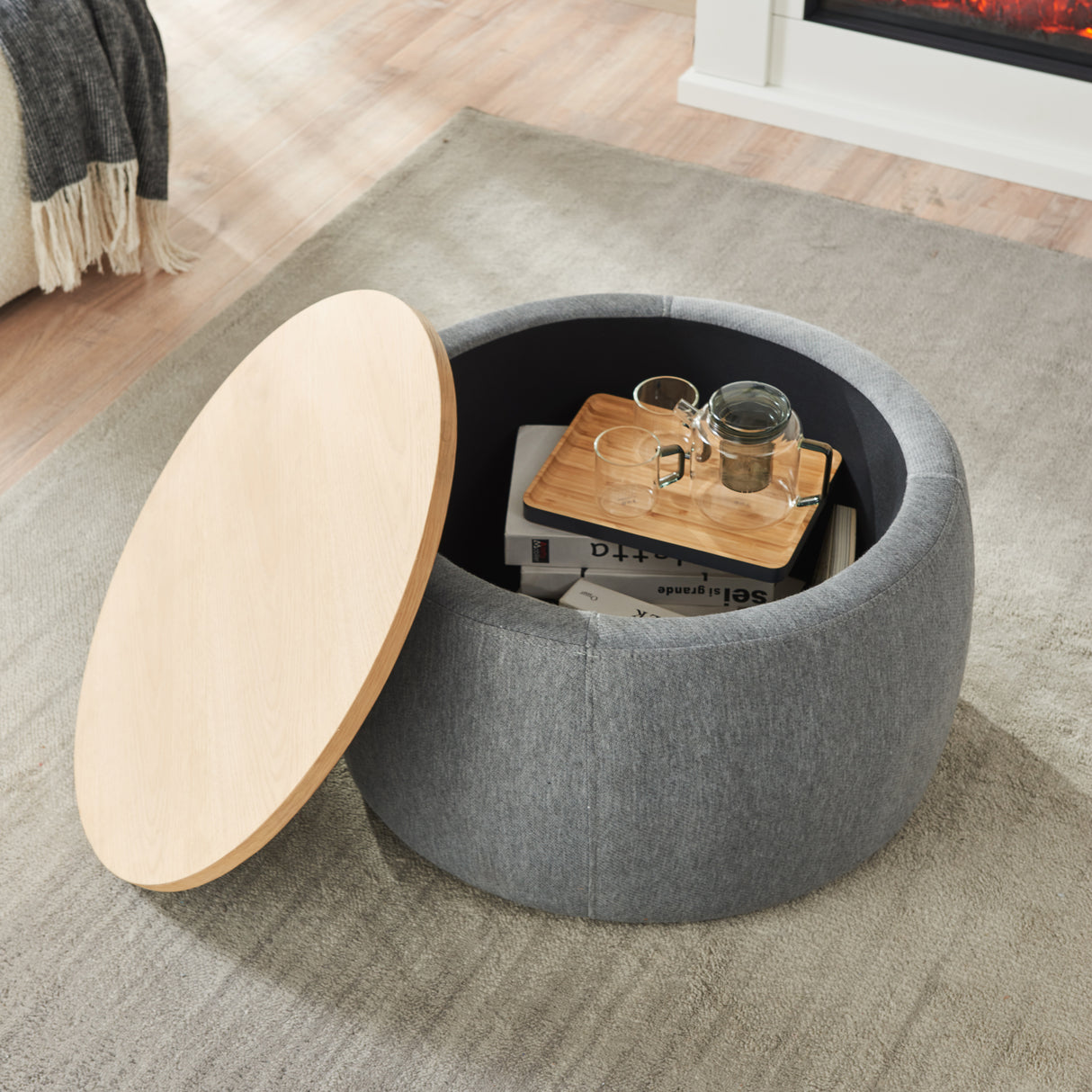 Round Storage Ottoman, 2 in 1 Function, Dark