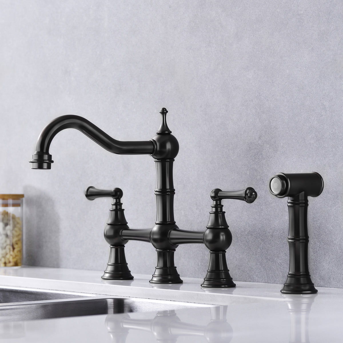 Bridge Dual Handles Kitchen Faucet With Pull-Out Side Spray